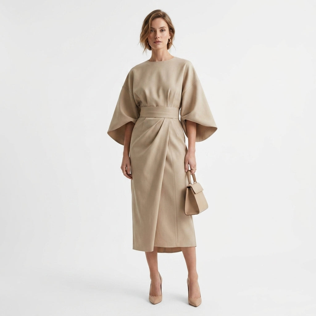 Abito midi donna con cintura da annodare e linea ad A