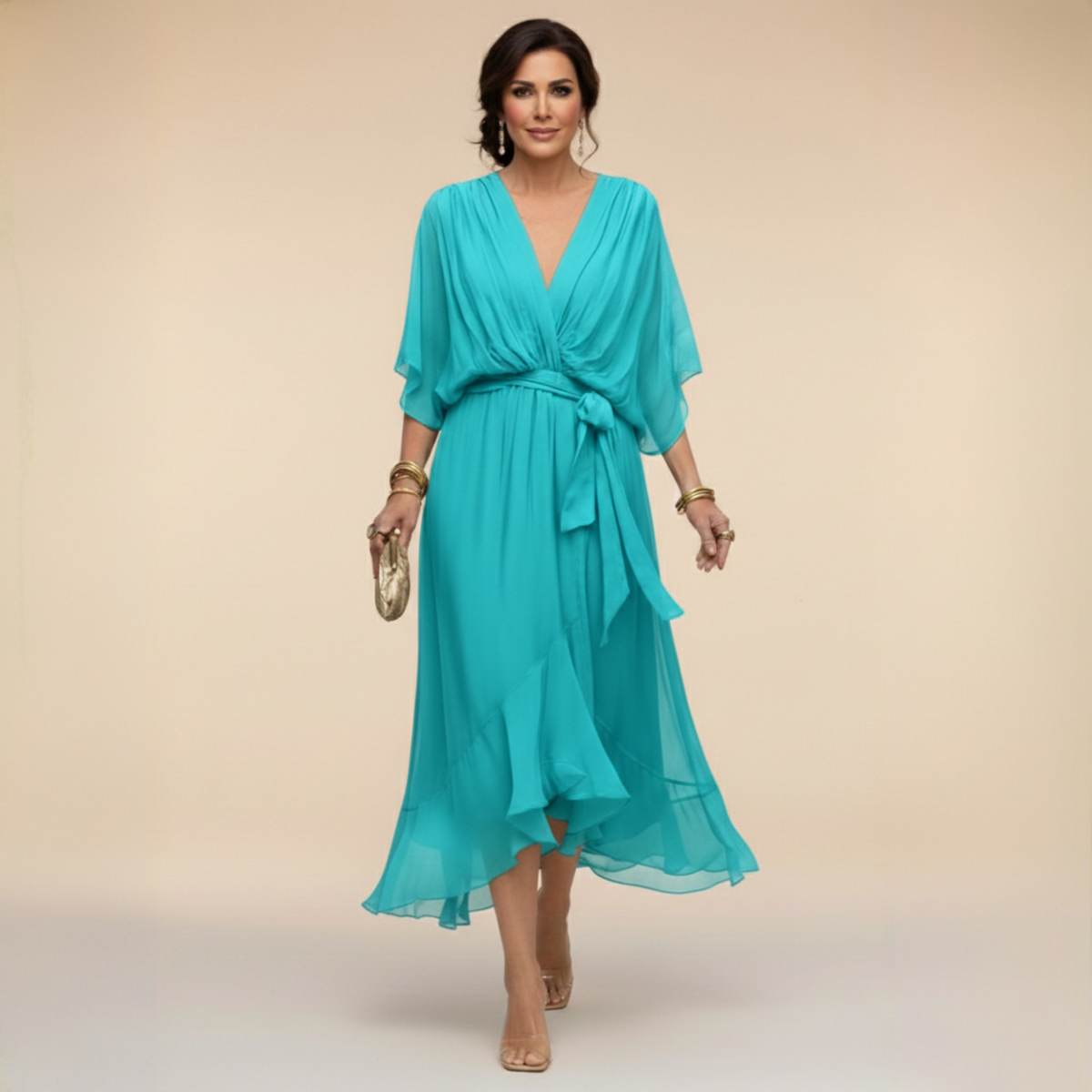 Adriana | Abito Midi Donna Fluido con Scollo a V e Vita Regolabile
