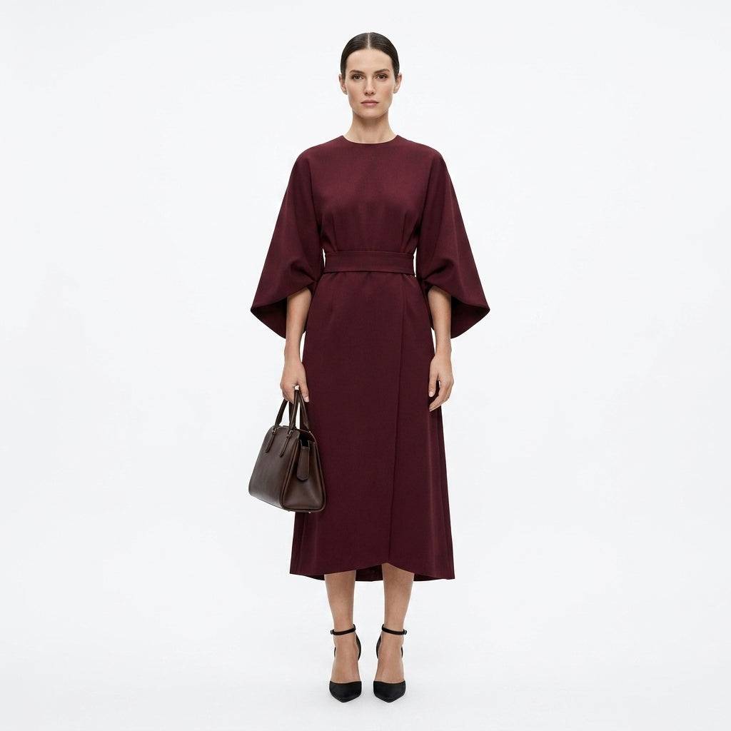 Abito midi donna con cintura da annodare e linea ad A