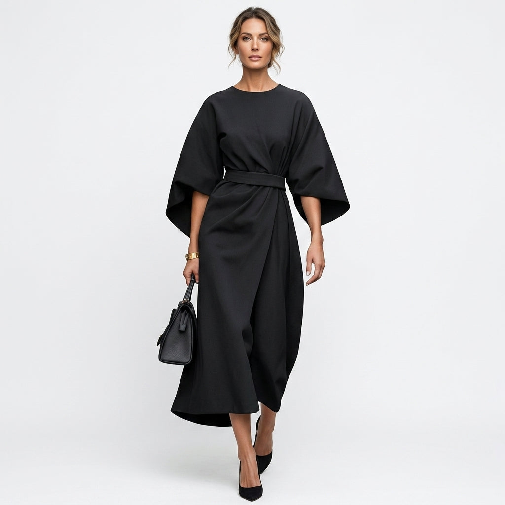 Abito midi donna con cintura da annodare e linea ad A