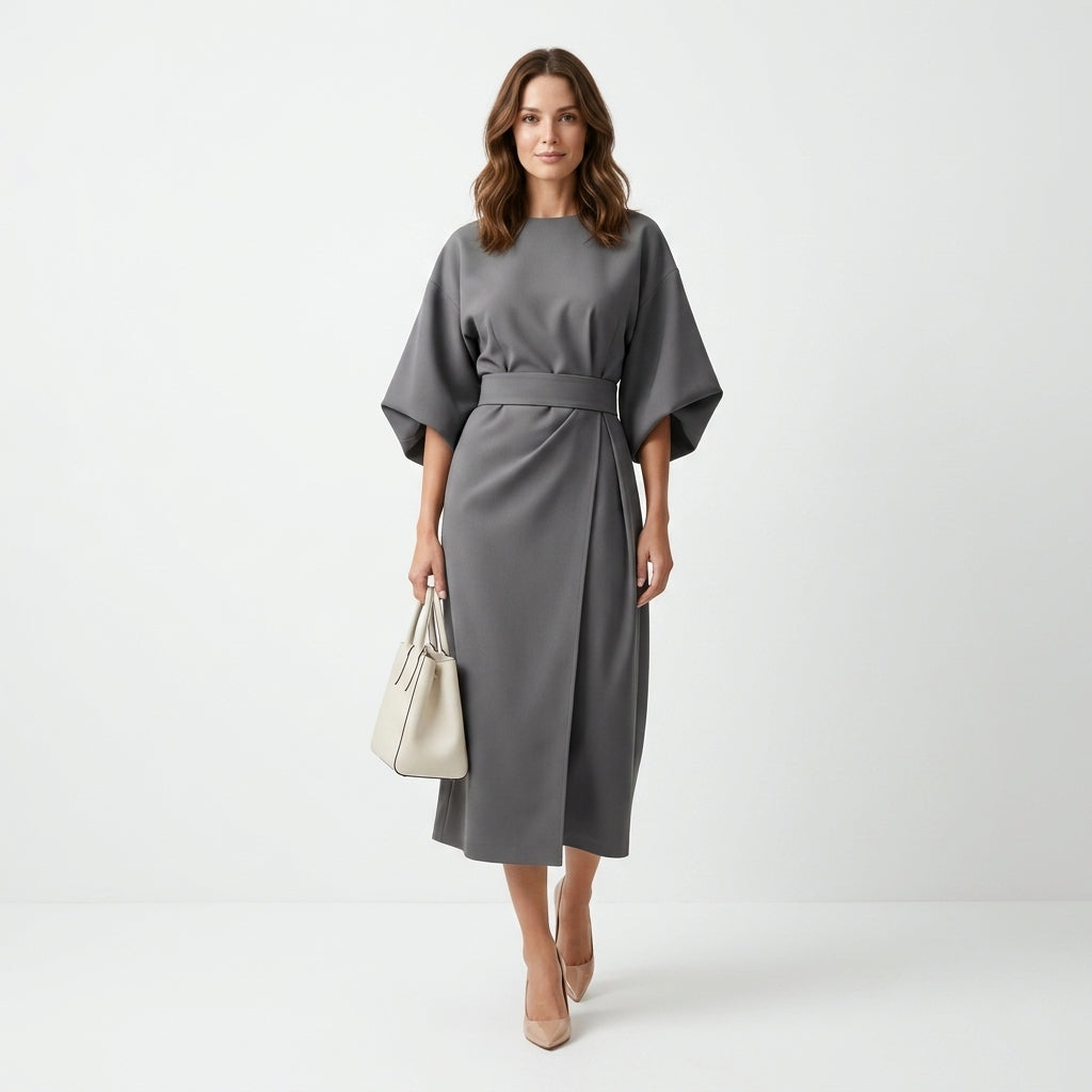 Abito midi donna con cintura da annodare e linea ad A