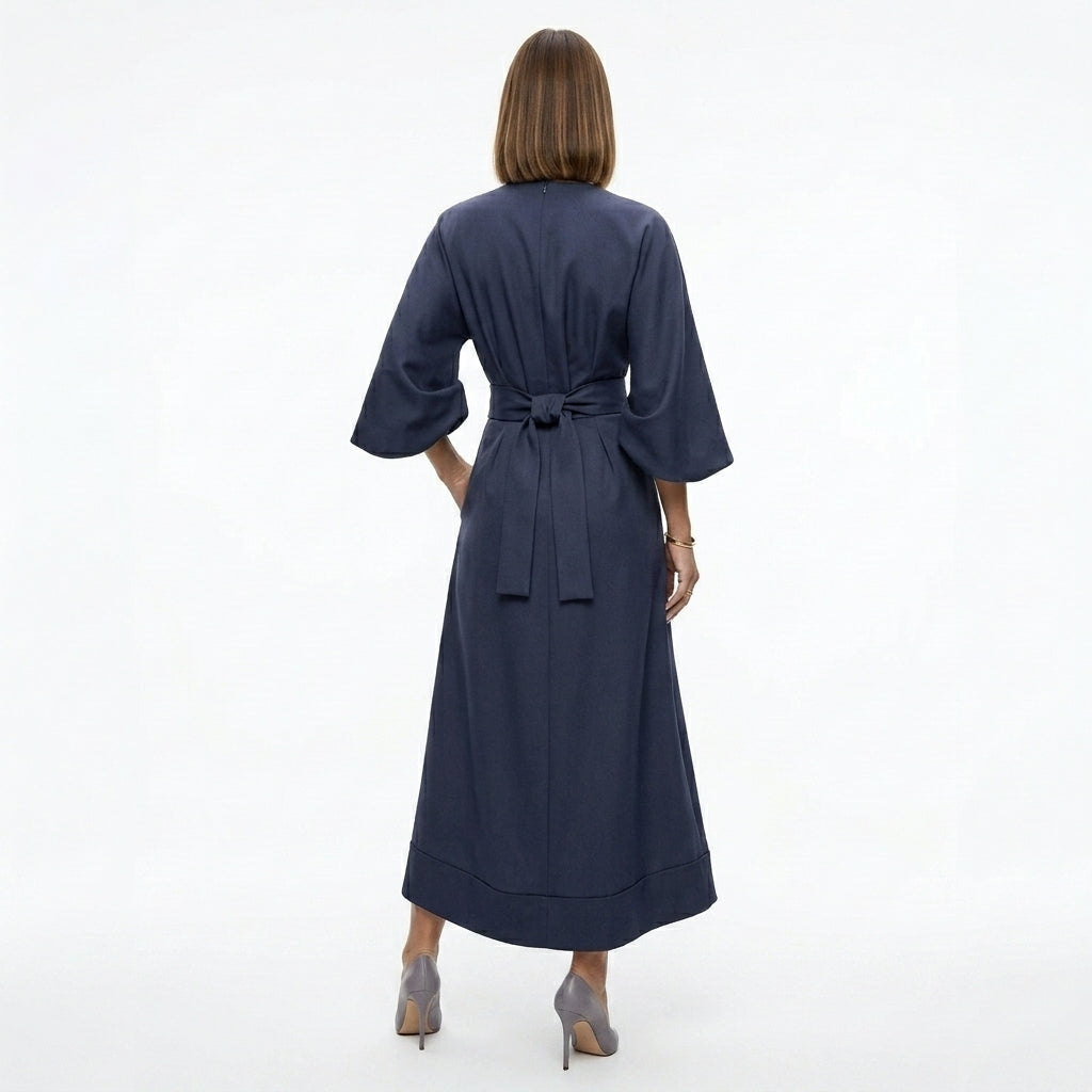 Abito midi donna con cintura da annodare e linea ad A