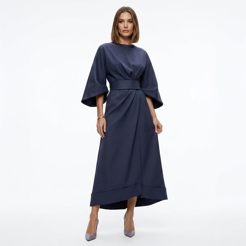 Abito midi donna con cintura da annodare e linea ad A
