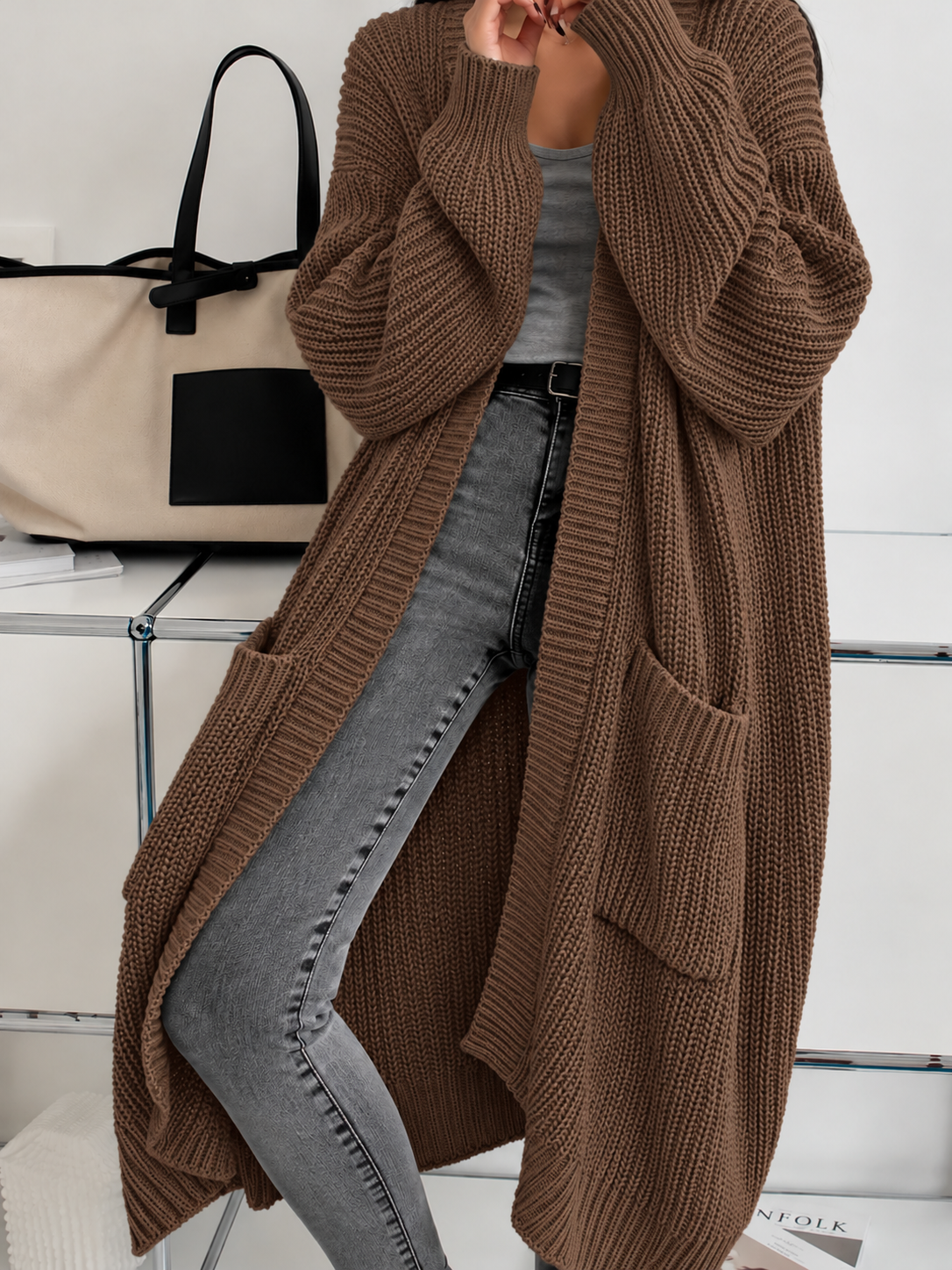 Cardigan lungo donna oversize a costine con tasche