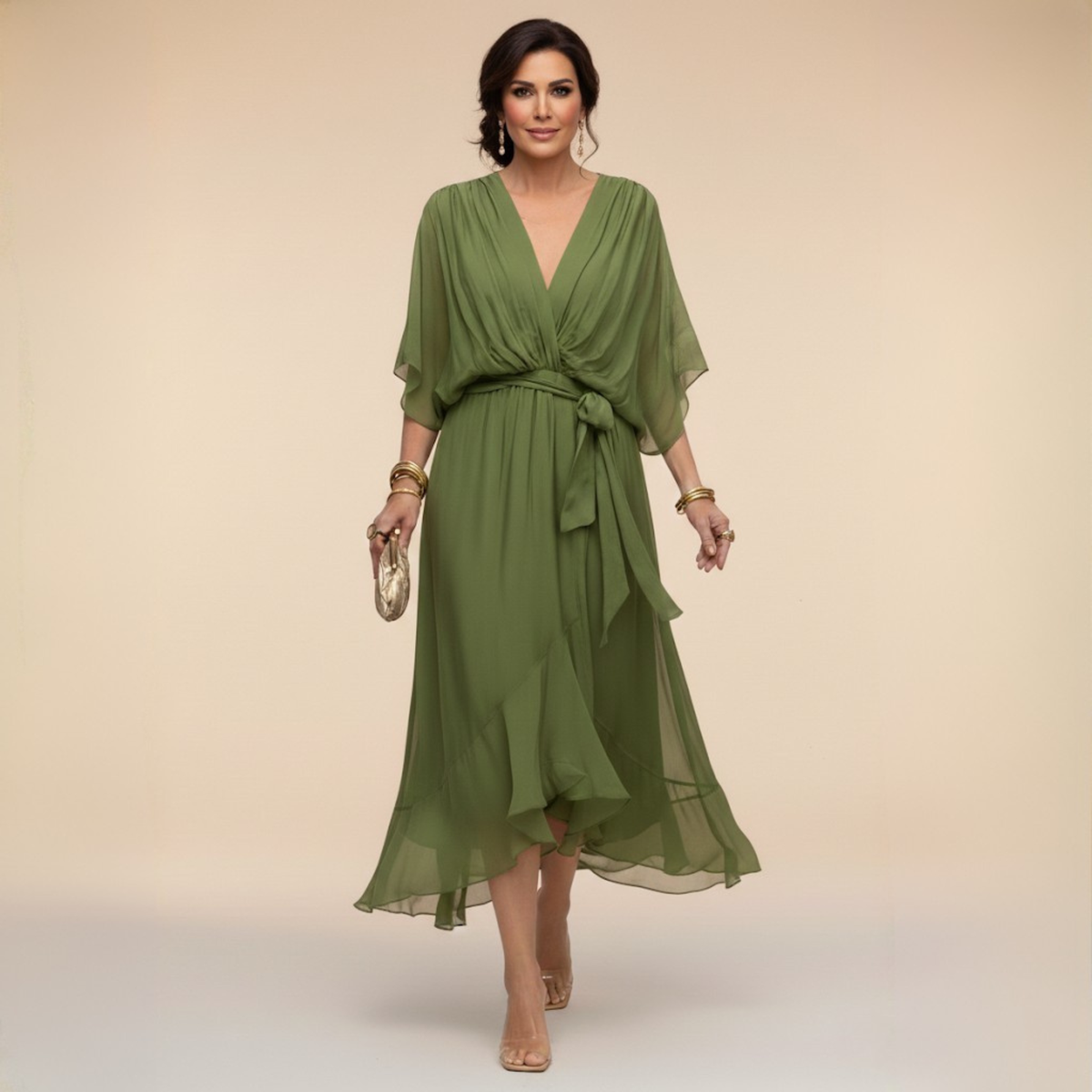 Adriana | Abito Midi Donna Fluido con Scollo a V e Vita Regolabile