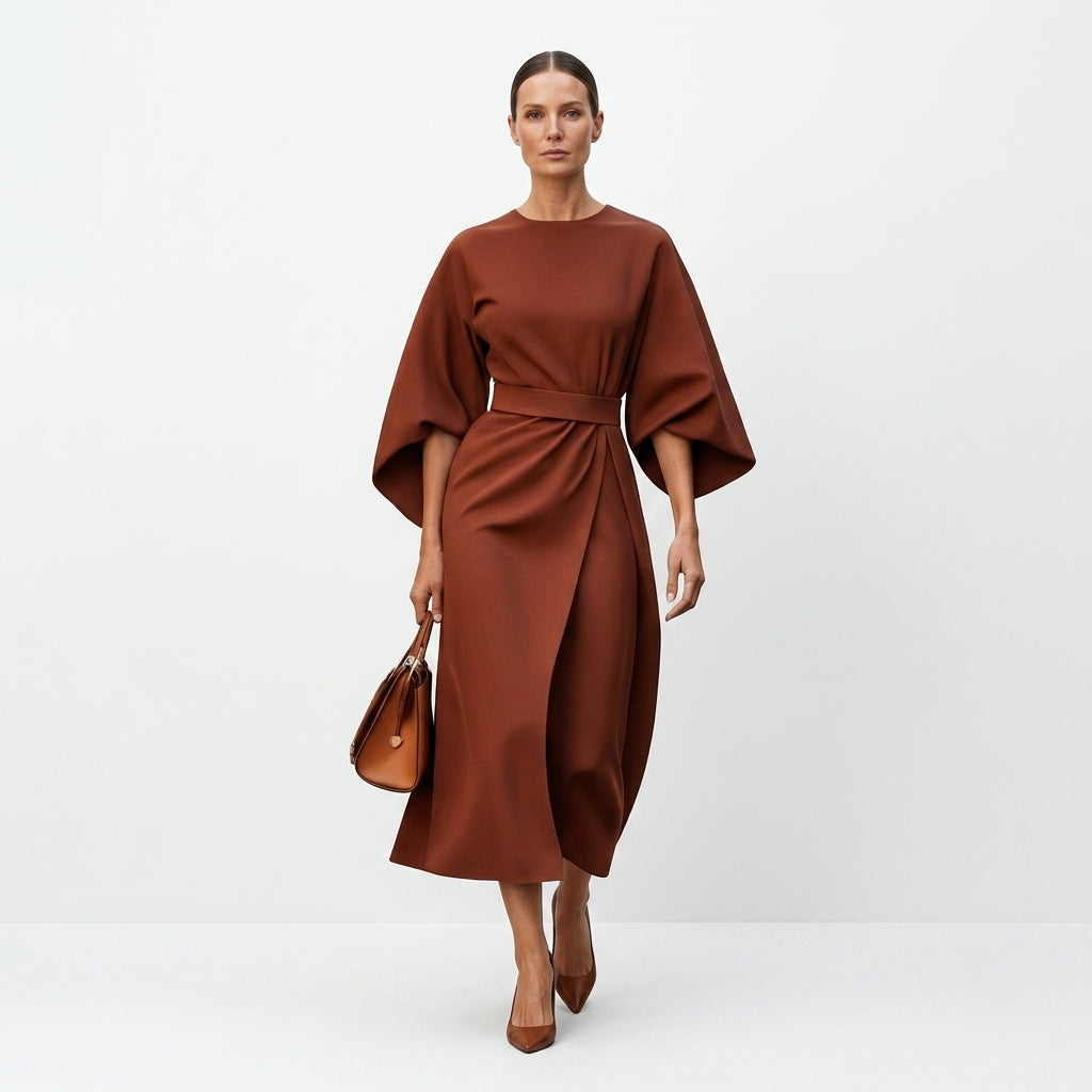 Abito midi donna con cintura da annodare e linea ad A