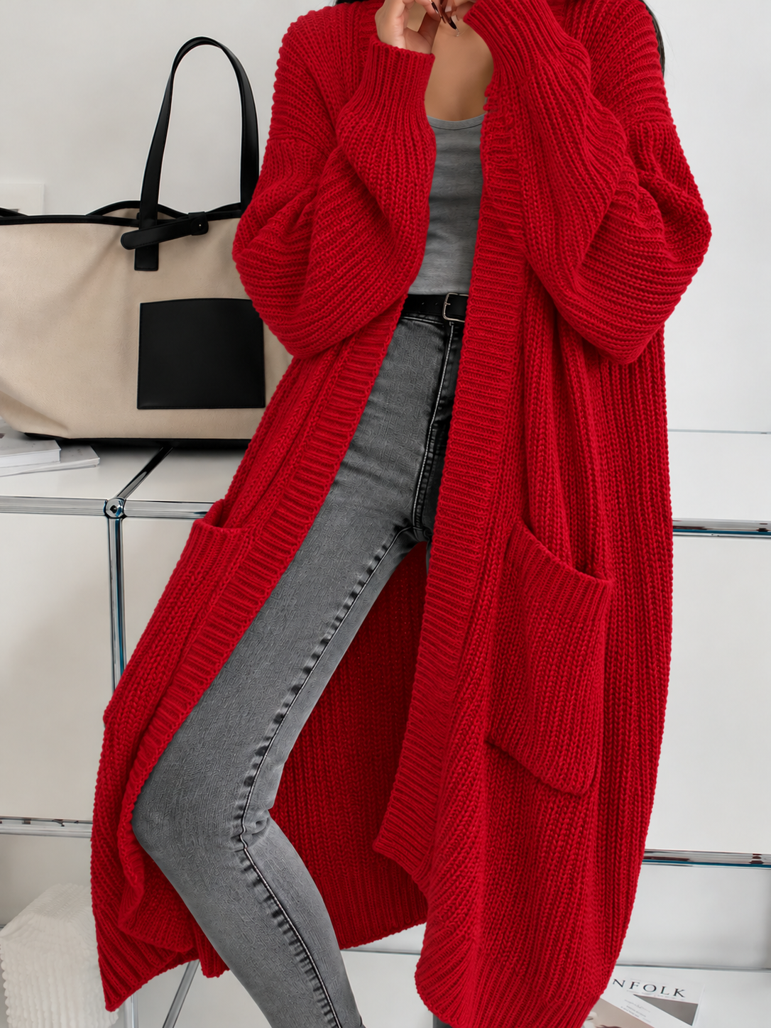 Cardigan lungo donna oversize a costine con tasche