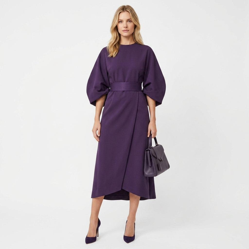 Abito midi donna con cintura da annodare e linea ad A