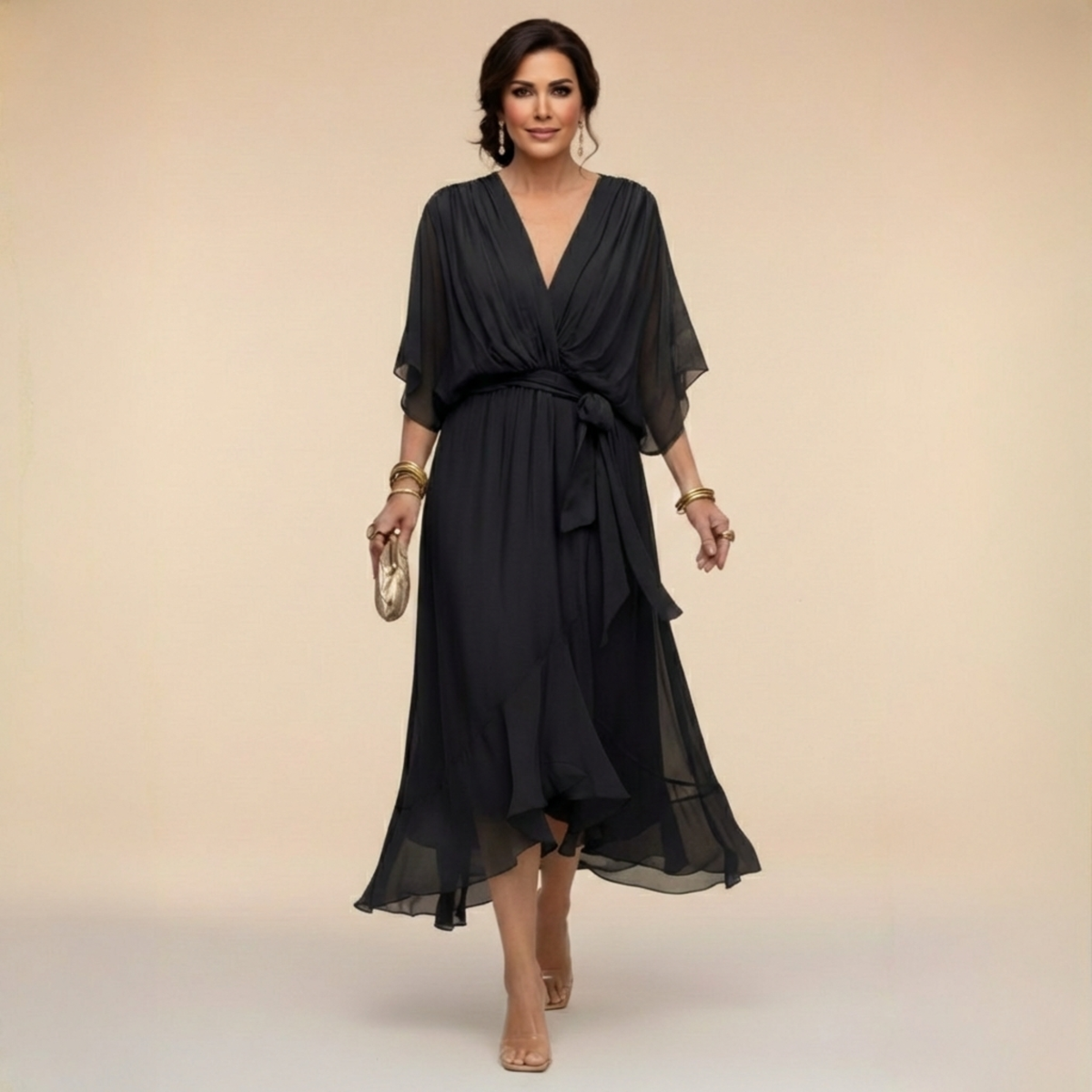Adriana | Abito Midi Donna Fluido con Scollo a V e Vita Regolabile