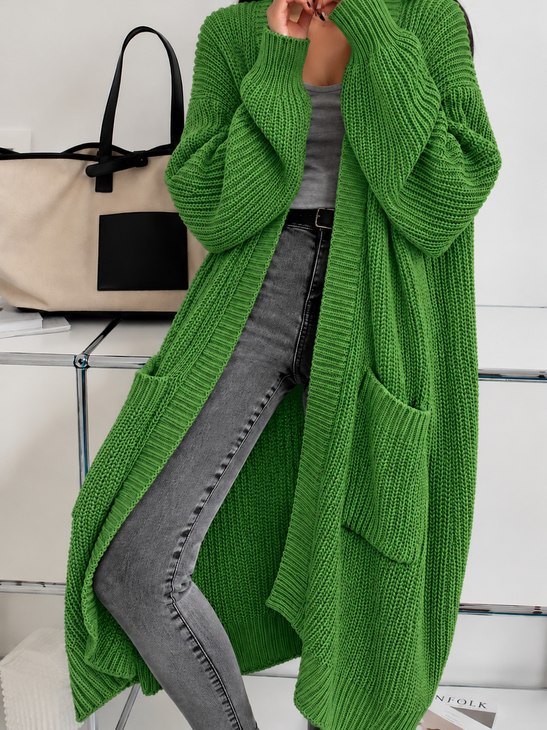 Cardigan lungo donna oversize a costine con tasche