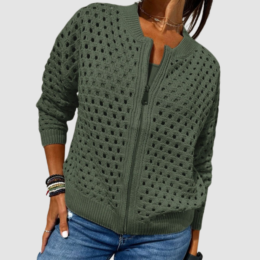 Cardigan donna con zip e motivo traforato