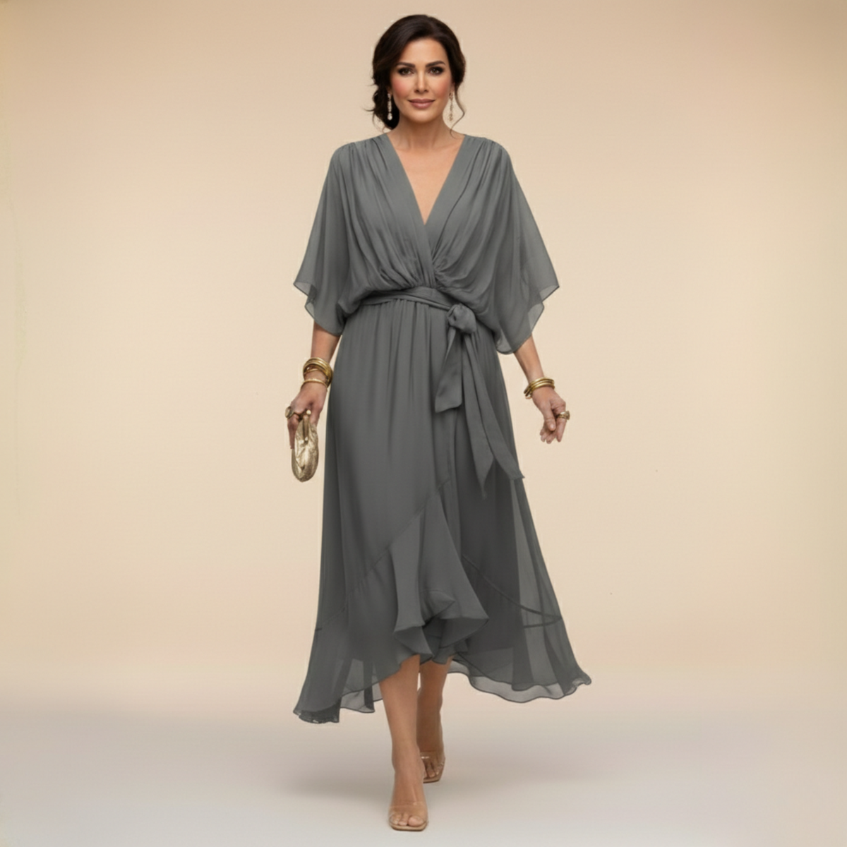 Adriana | Abito Midi Donna Fluido con Scollo a V e Vita Regolabile