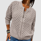 Cardigan donna con zip e motivo traforato