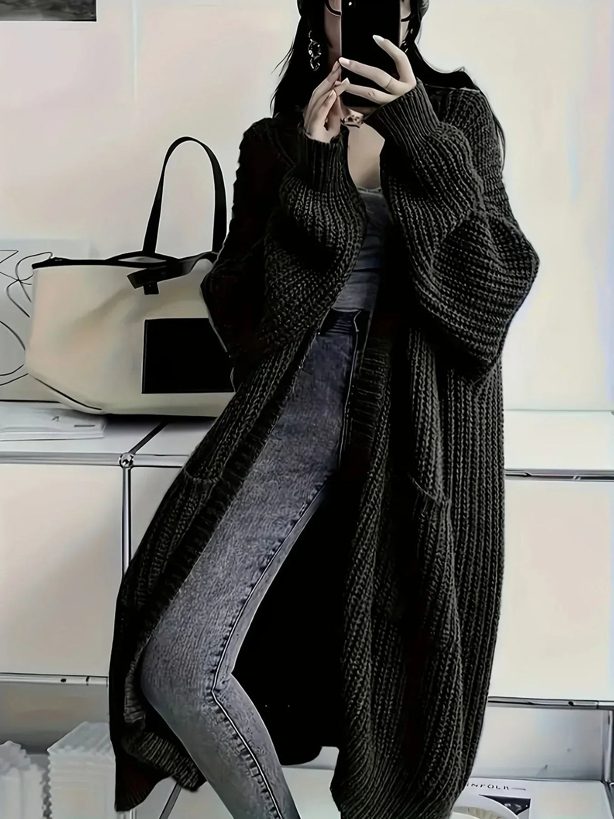 Cardigan lungo donna oversize a costine con tasche