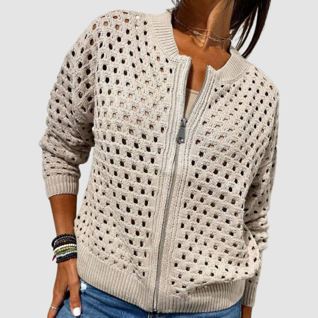 Cardigan donna con zip e motivo traforato