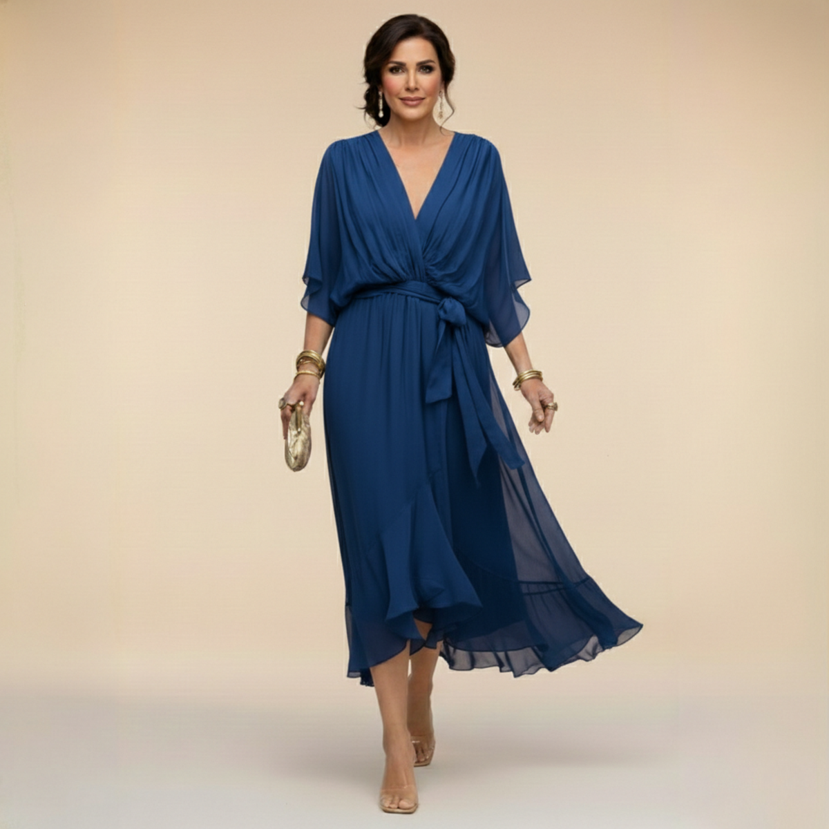 Adriana | Abito Midi Donna Fluido con Scollo a V e Vita Regolabile