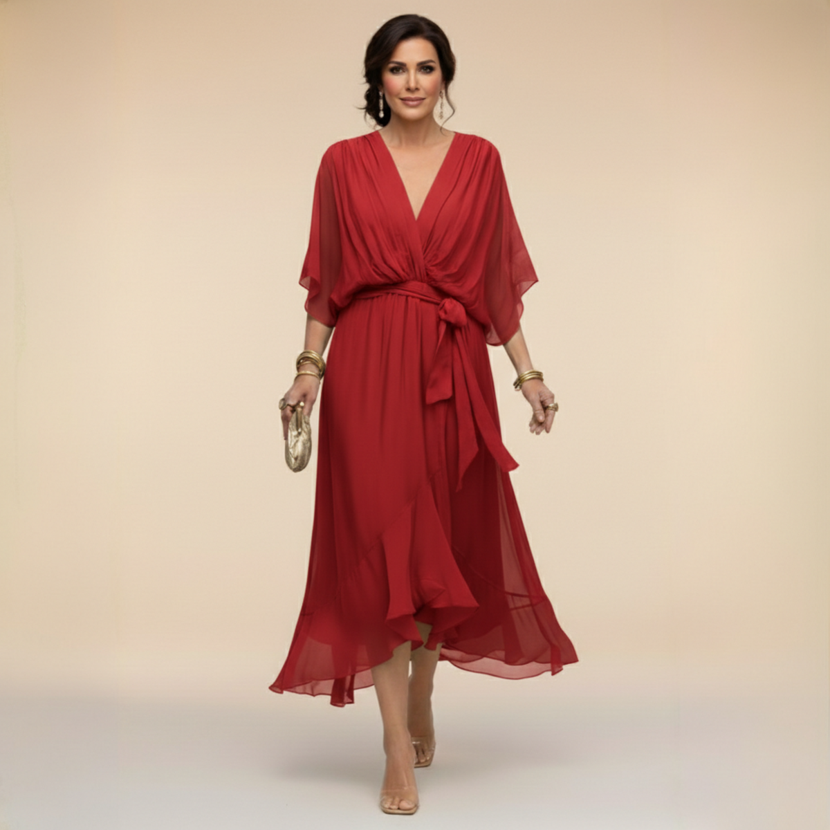 Adriana | Abito Midi Donna Fluido con Scollo a V e Vita Regolabile