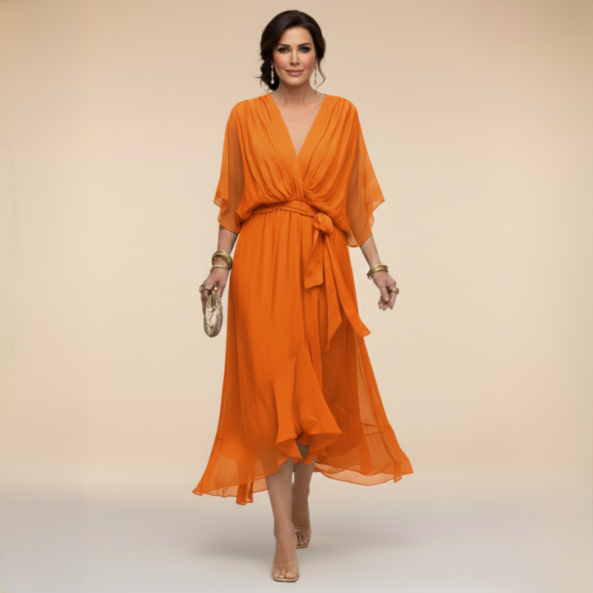 Adriana | Abito Midi Donna Fluido con Scollo a V e Vita Regolabile