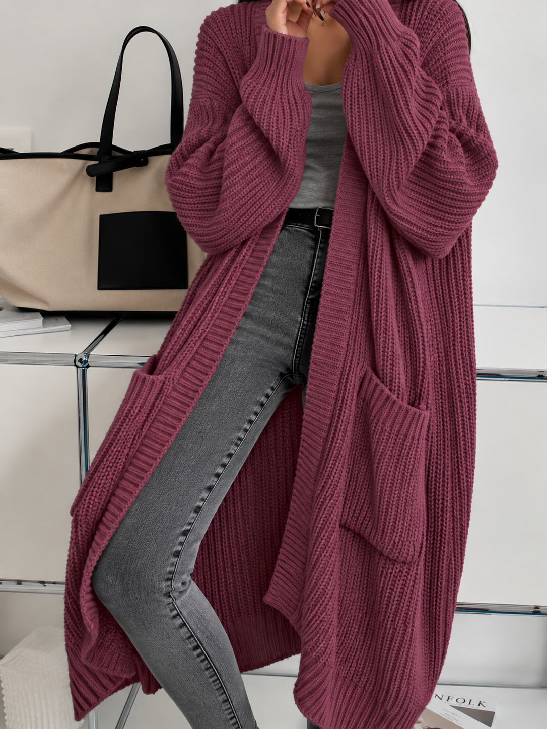 Cardigan lungo donna oversize a costine con tasche