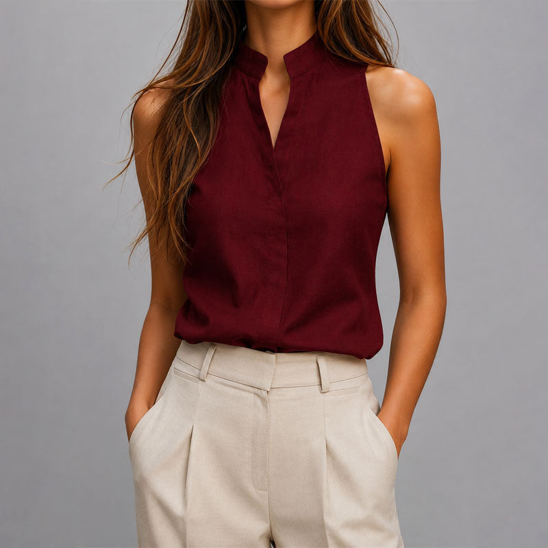 Blusa donna senza maniche con collo alto