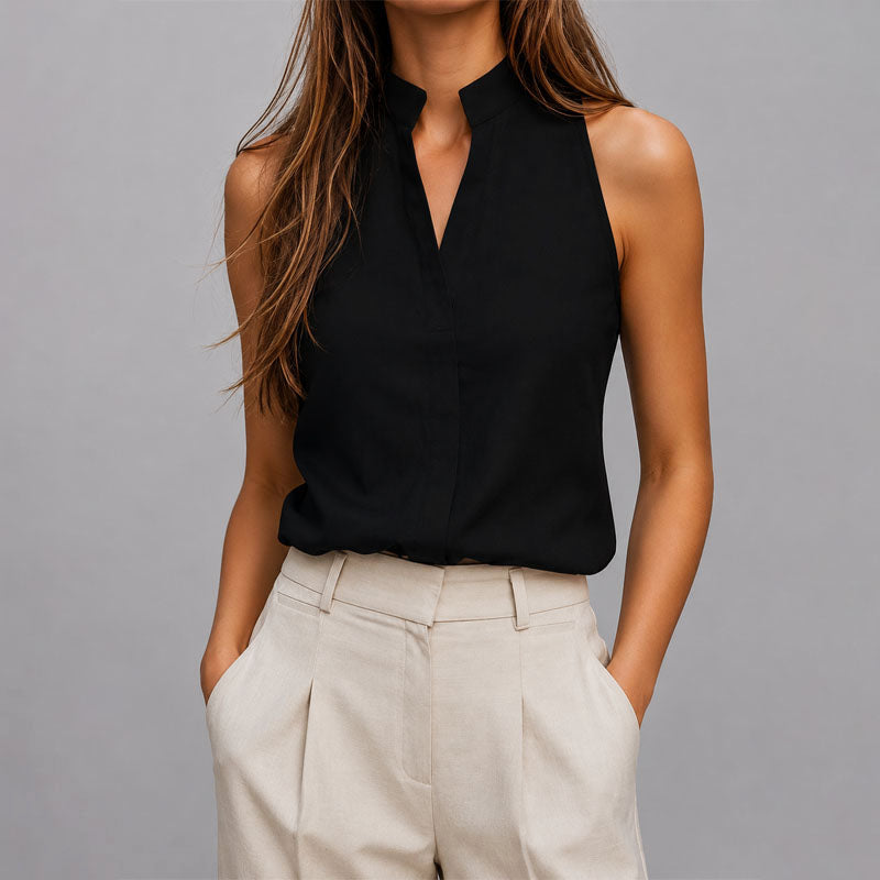 Blusa donna senza maniche con collo alto