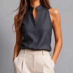 Blusa donna senza maniche con collo alto