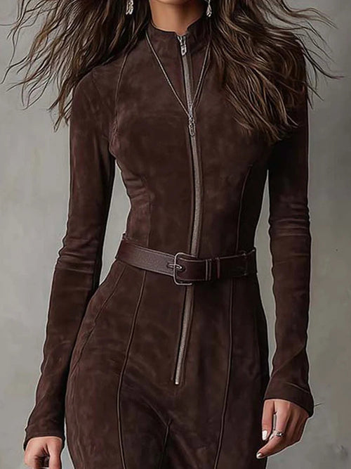 Abito lungo donna con zip frontale e cintura
