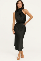 Belinda | Abito midi da donna in raso con scollo monospalla
