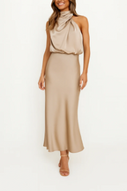 Belinda | Abito midi da donna in raso con scollo monospalla