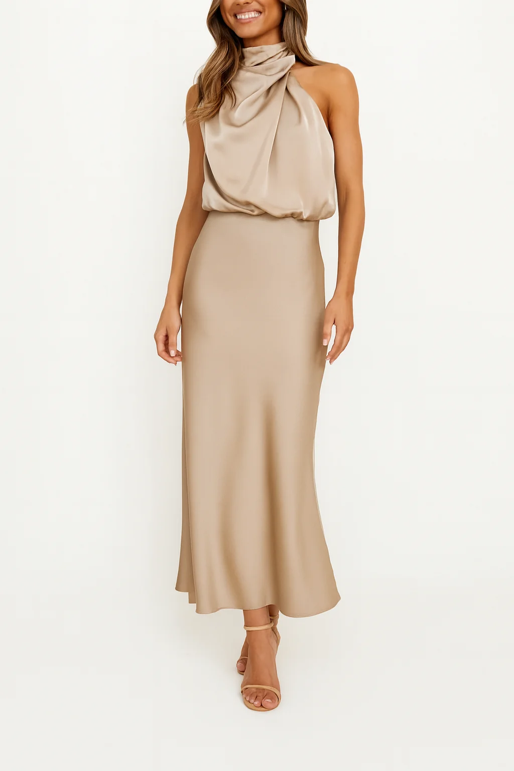 Belinda | Abito midi da donna in raso con scollo monospalla