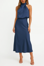 Belinda | Abito midi da donna in raso con scollo monospalla