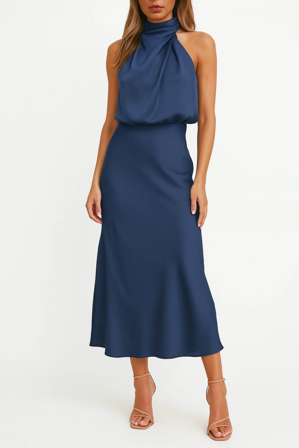 Belinda | Abito midi da donna in raso con scollo monospalla