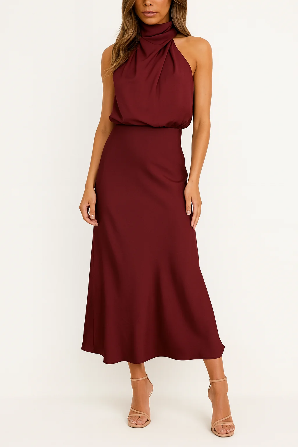 Belinda | Abito midi da donna in raso con scollo monospalla