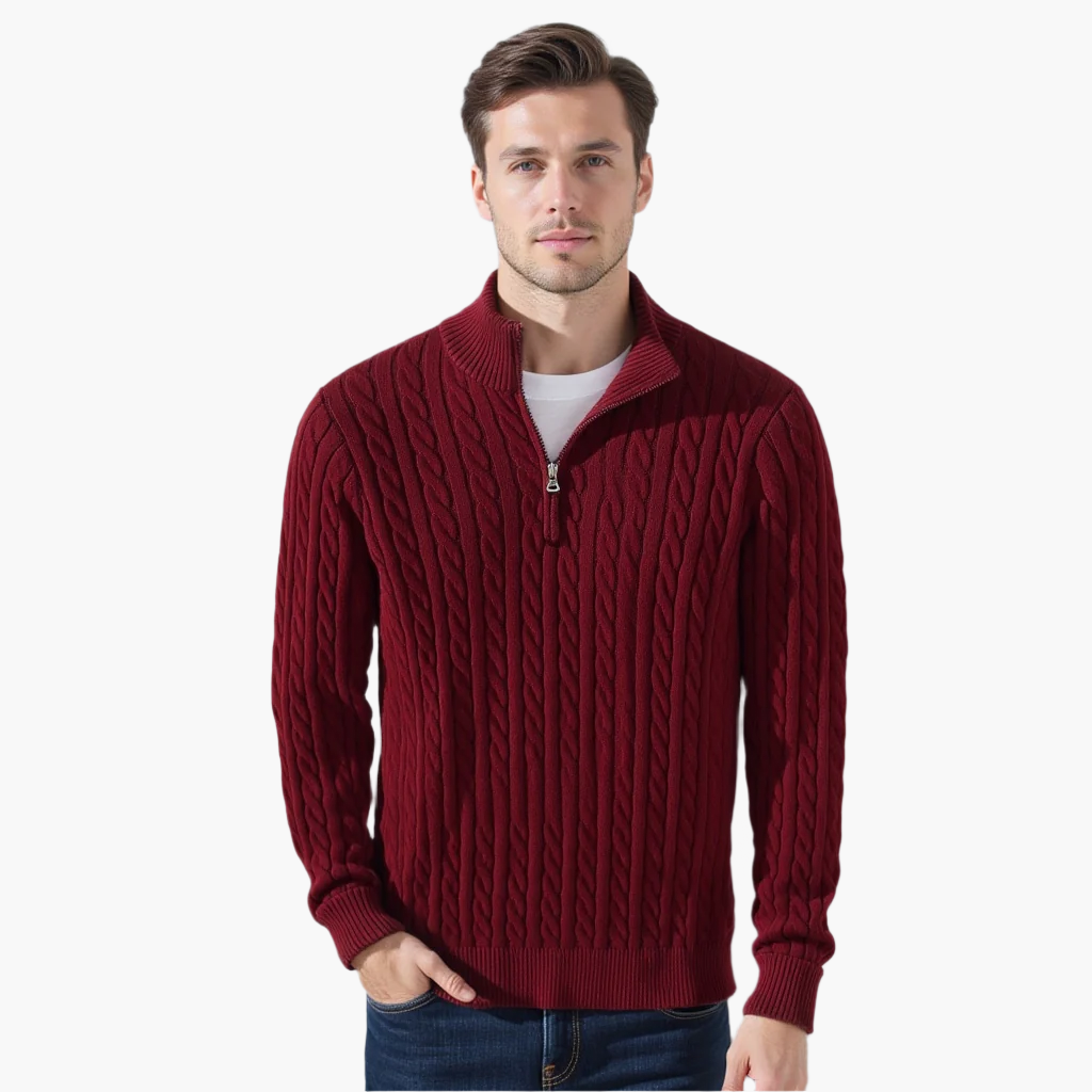 Maglione uomo con trecce e mezza zip
