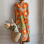 Margherita | Abito Midi Donna Boho Stampato con Scollo a V