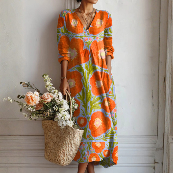 Margherita | Abito Midi Donna Boho Stampato con Scollo a V