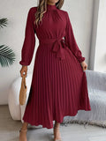 Abito midi donna con gonna plissé e cintura da annodare