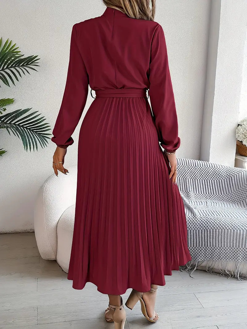 Abito midi donna con gonna plissé e cintura da annodare