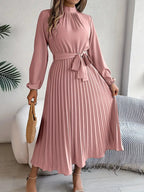 Abito midi donna con gonna plissé e cintura da annodare