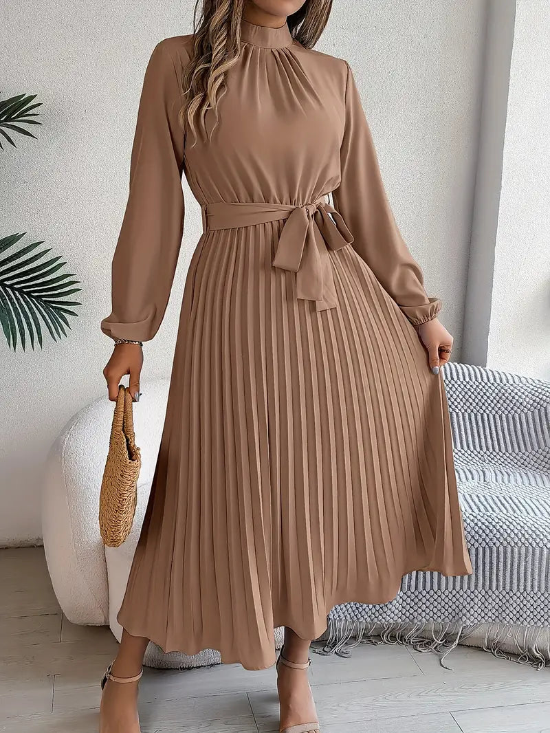 Abito midi donna con gonna plissé e cintura da annodare