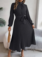 Abito midi donna con gonna plissé e cintura da annodare
