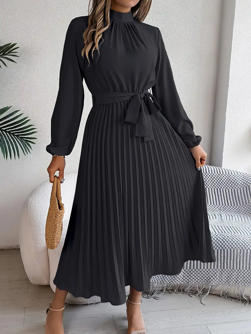 Abito midi donna con gonna plissé e cintura da annodare