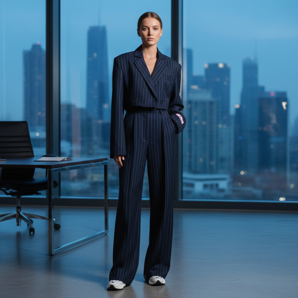 Completo donna gessato con blazer doppiopetto