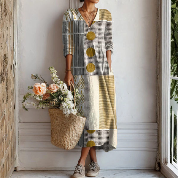 Margherita | Abito Midi Donna Boho Stampato con Scollo a V