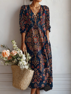 Margherita | Abito Midi Donna Boho Stampato con Scollo a V