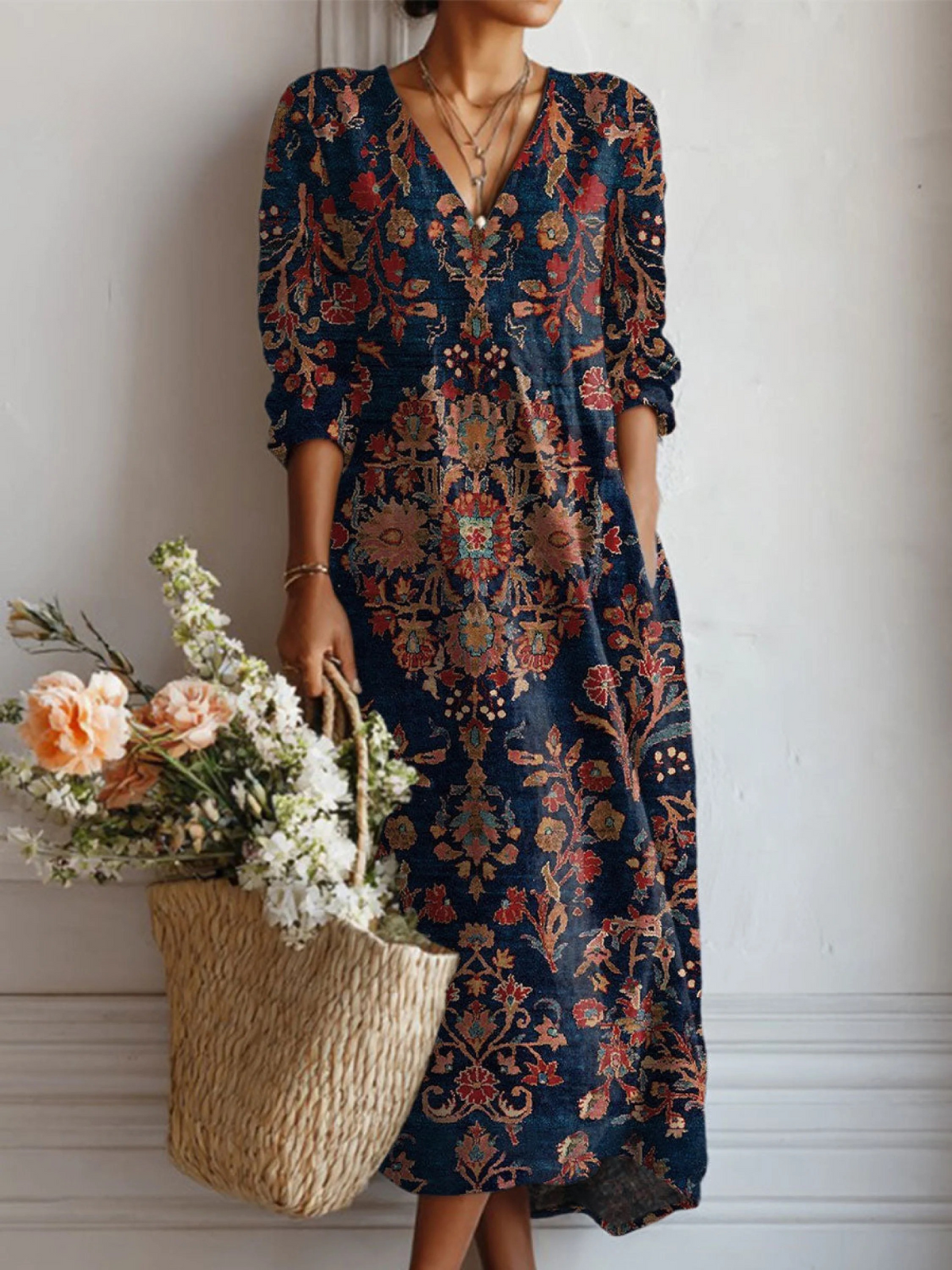 Margherita | Abito Midi Donna Boho Stampato con Scollo a V