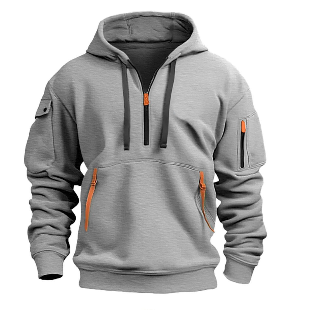 Felpa con cappuccio uomo con mezzo zip e tasca sul braccio
