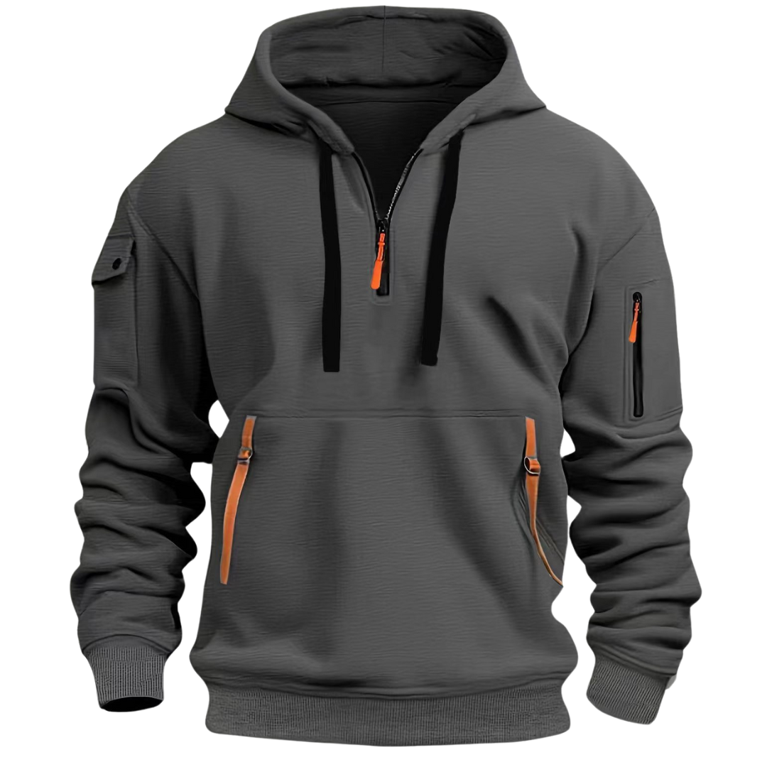 Felpa con cappuccio uomo con mezzo zip e tasca sul braccio
