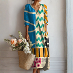 Margherita | Abito Midi Donna Boho Stampato con Scollo a V