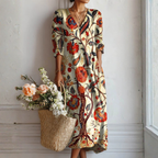 Margherita | Abito Midi Donna Boho Stampato con Scollo a V